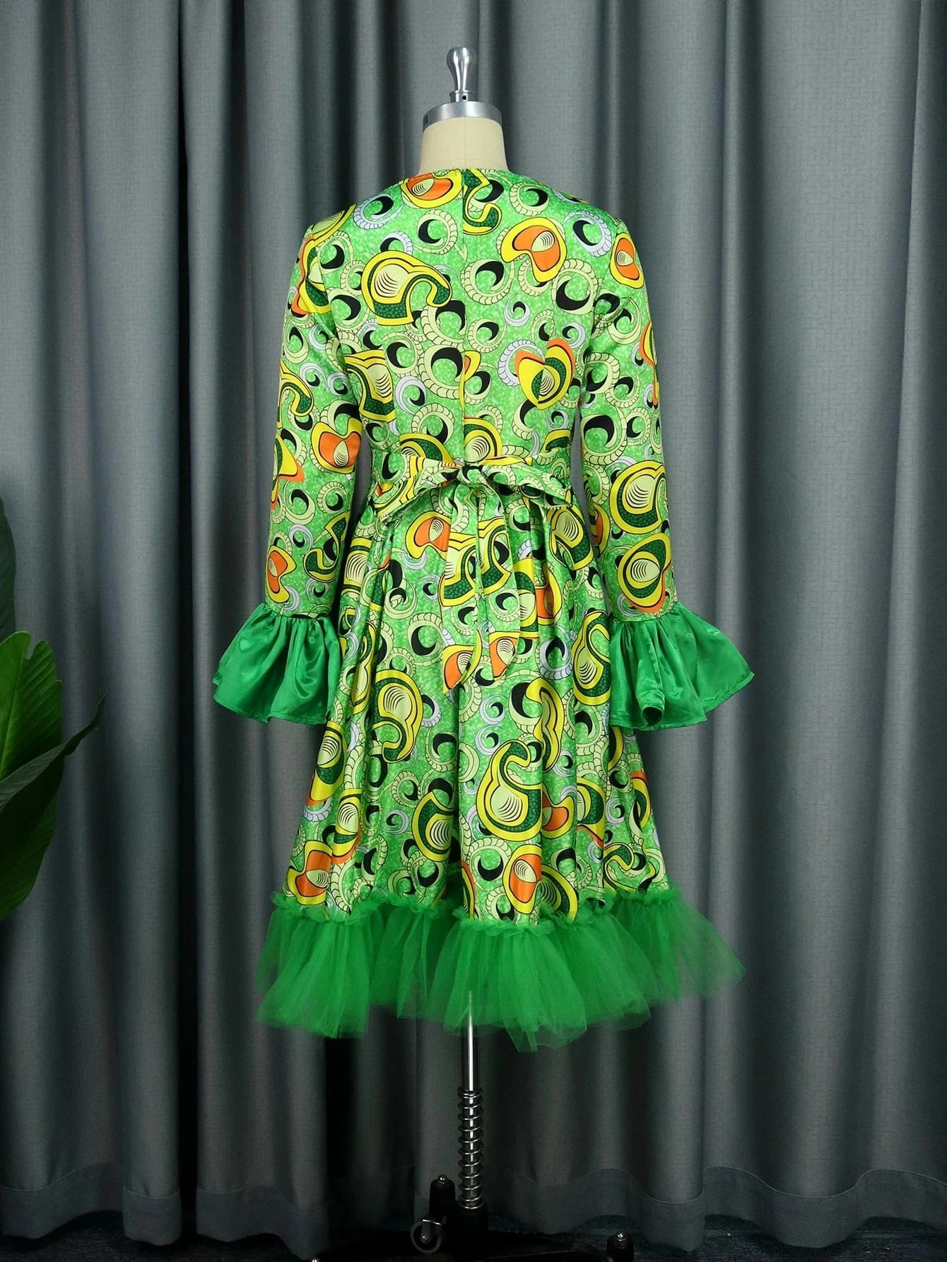 Mesh A Line Printed AOMEI Green Christmas Plus Size Women Party Dress