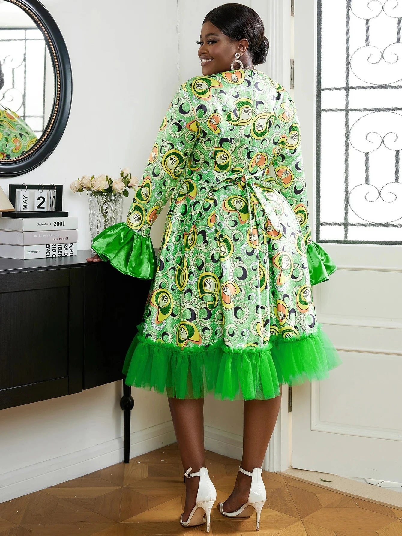 Mesh A Line Printed AOMEI Green Christmas Plus Size Women Party Dress