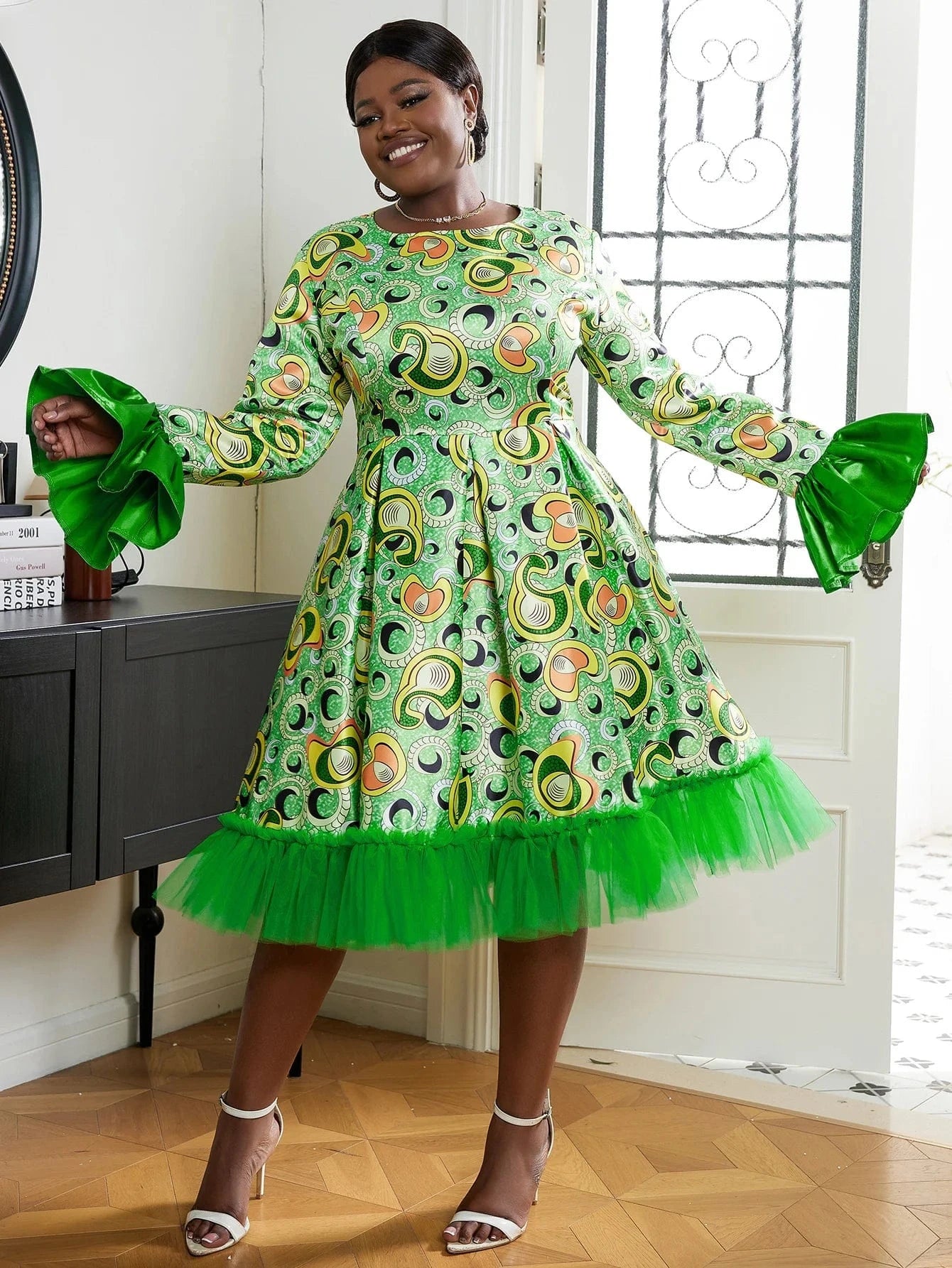 Mesh A Line Printed AOMEI Green Christmas Plus Size Women Party Dress