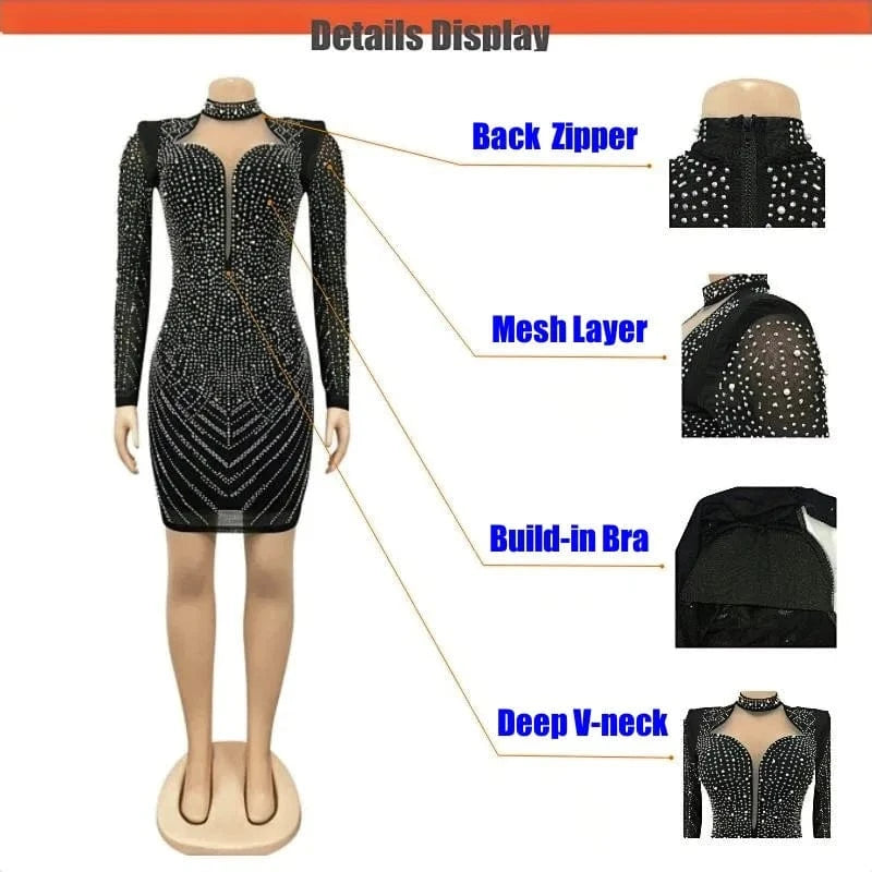 Mesh Hot Fix Rhinestone Women Dress Long Sleeve Skinny Mini Dress Sparking Sexy V-neck Party Pencil Dresses
