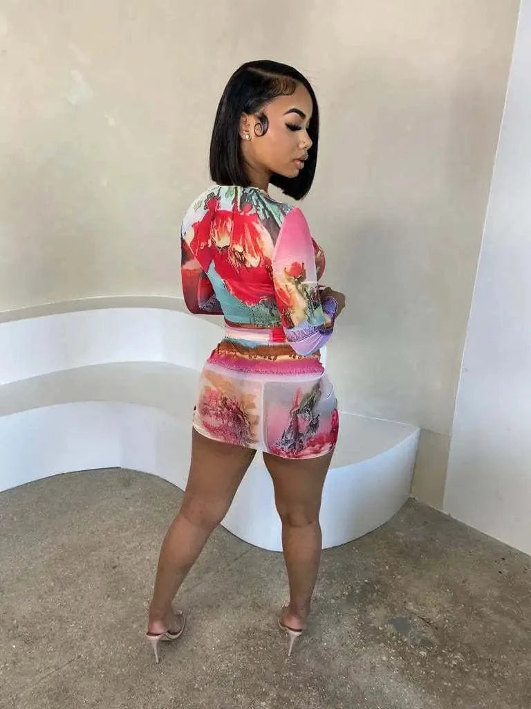 Mesh positioning print crop top button pleated sexy skirt set