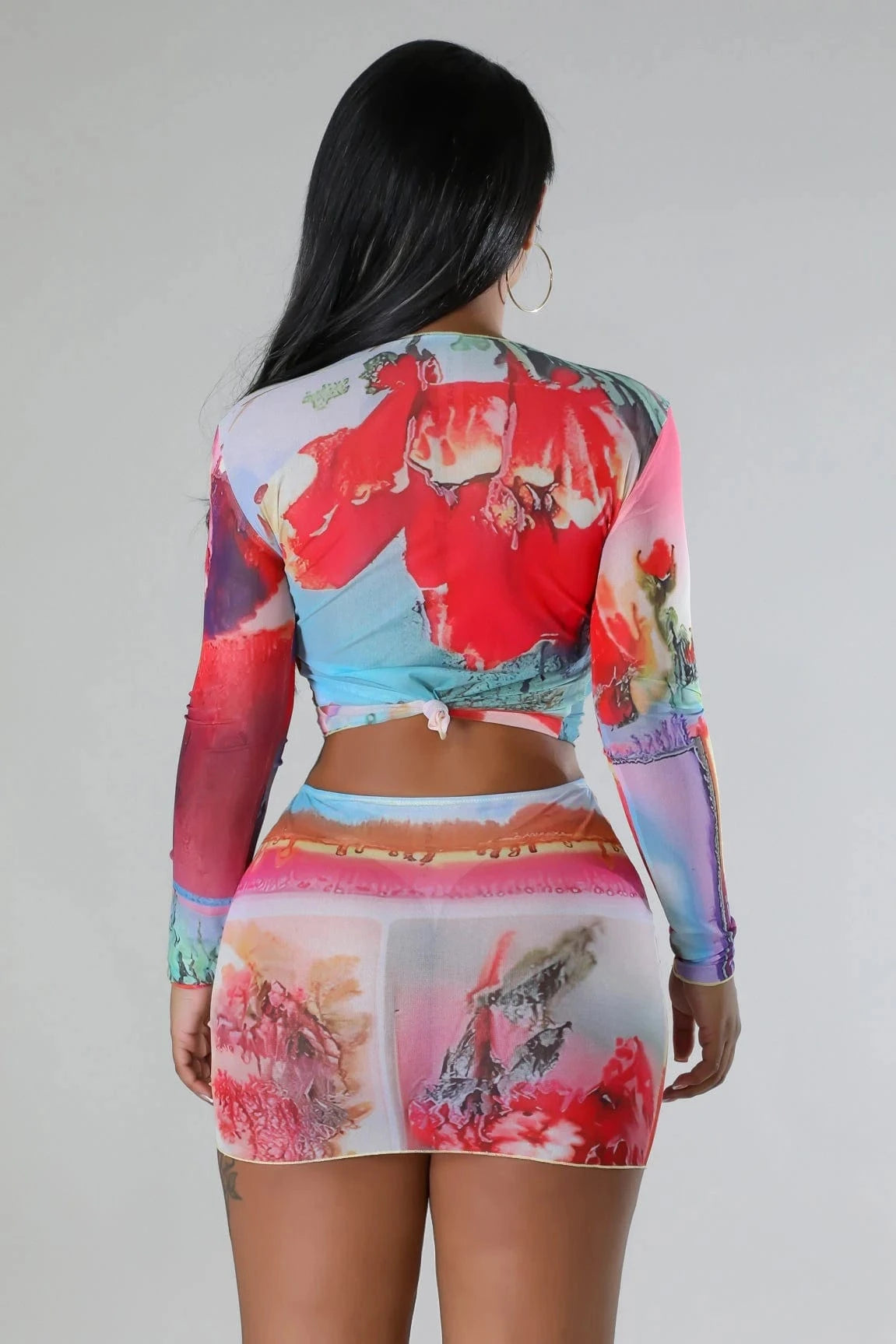 Mesh positioning print crop top button pleated sexy skirt set