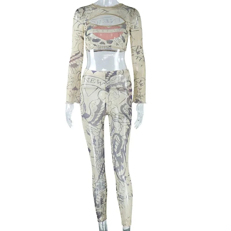 Mesh see-through hollow print long-sleeved top high waist leggings two piece set women clothing