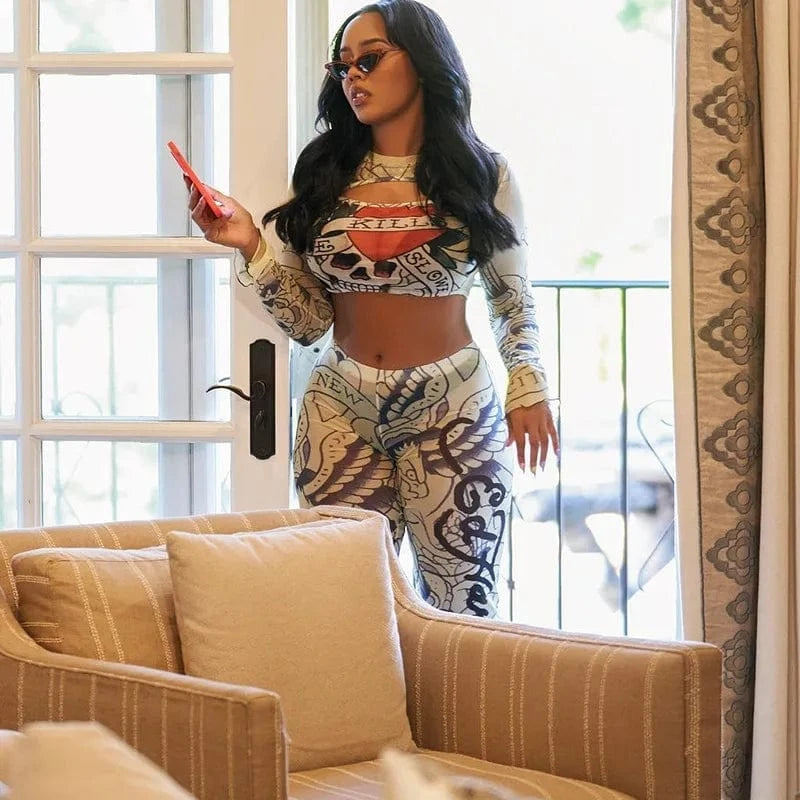 Mesh see-through hollow print long-sleeved top high waist leggings two piece set women clothing