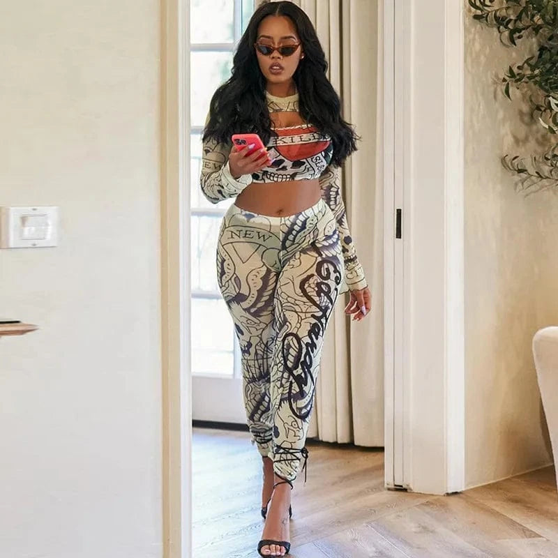 Mesh see-through hollow print long-sleeved top high waist leggings two piece set women clothing