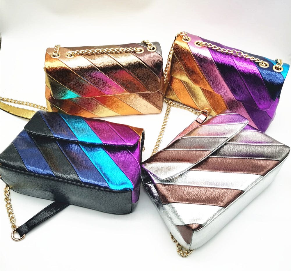 Metallic colorful handbag for ladies hand bag Purse Portable  Pu Rainbow Colorful Plain Jointting  metallic handbag