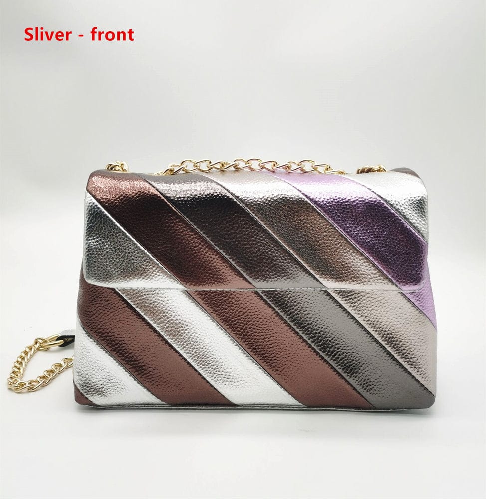 Metallic colorful handbag for ladies hand bag Purse Portable  Pu Rainbow Colorful Plain Jointting  metallic handbag