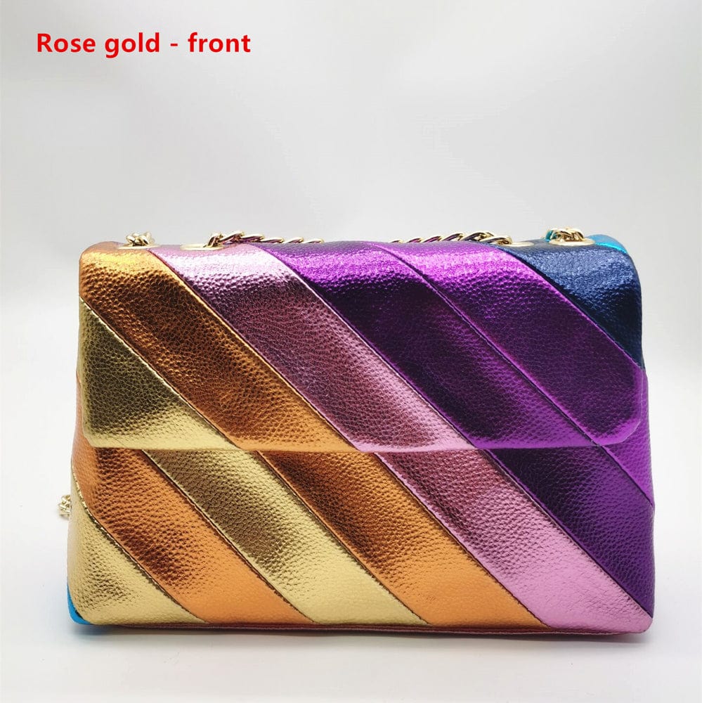 Metallic colorful handbag for ladies hand bag Purse Portable  Pu Rainbow Colorful Plain Jointting  metallic handbag