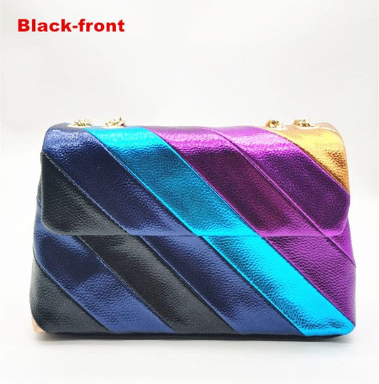 Metallic colorful handbag for ladies hand bag Purse Portable  Pu Rainbow Colorful Plain Jointting  metallic handbag