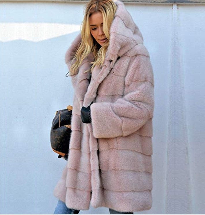mid-length solid color loose plush hooded coat faux fur autumn and winter warm coat