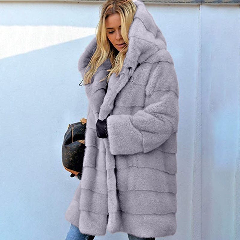 mid-length solid color loose plush hooded coat faux fur autumn and winter warm coat