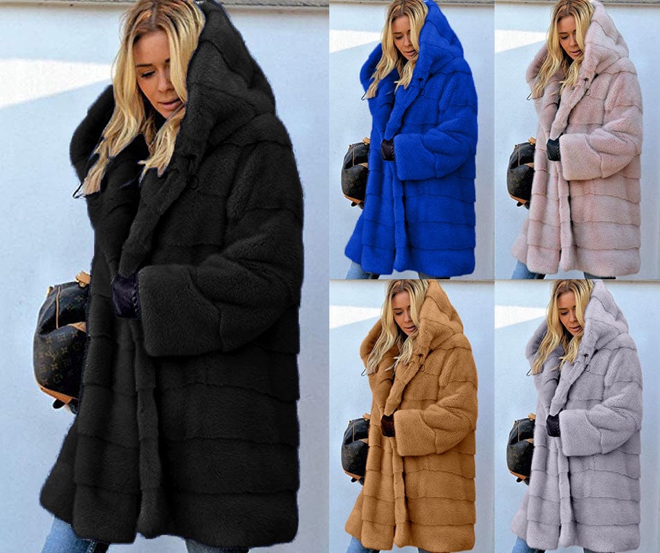 mid-length solid color loose plush hooded coat faux fur autumn and winter warm coat