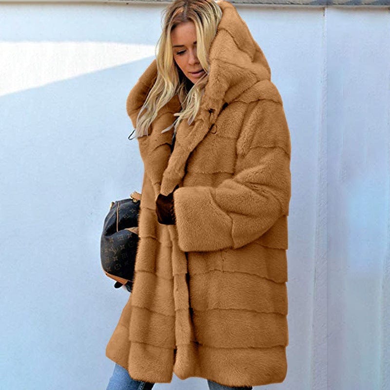 mid-length solid color loose plush hooded coat faux fur autumn and winter warm coat