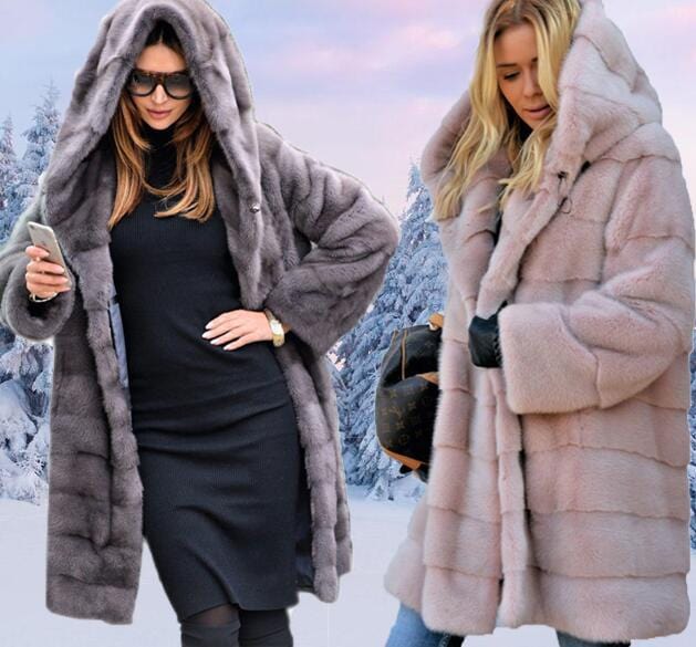 mid-length solid color loose plush hooded coat faux fur autumn and winter warm coat