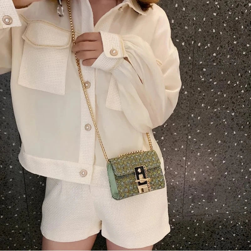 Mini Chains Weaving Crossbody Bag Women Winter Tweed Wool Handbag Designer Satchels Female Trendy Lock Shoulder Messenger Bags