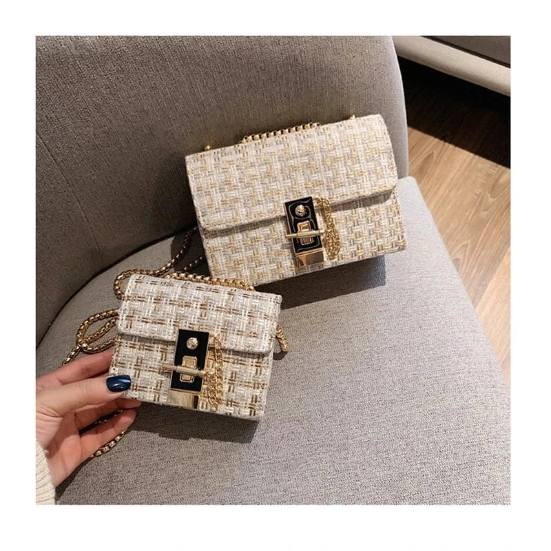 Mini Chains Weaving Crossbody Bag Women Winter Tweed Wool Handbag Designer Satchels Female Trendy Lock Shoulder Messenger Bags