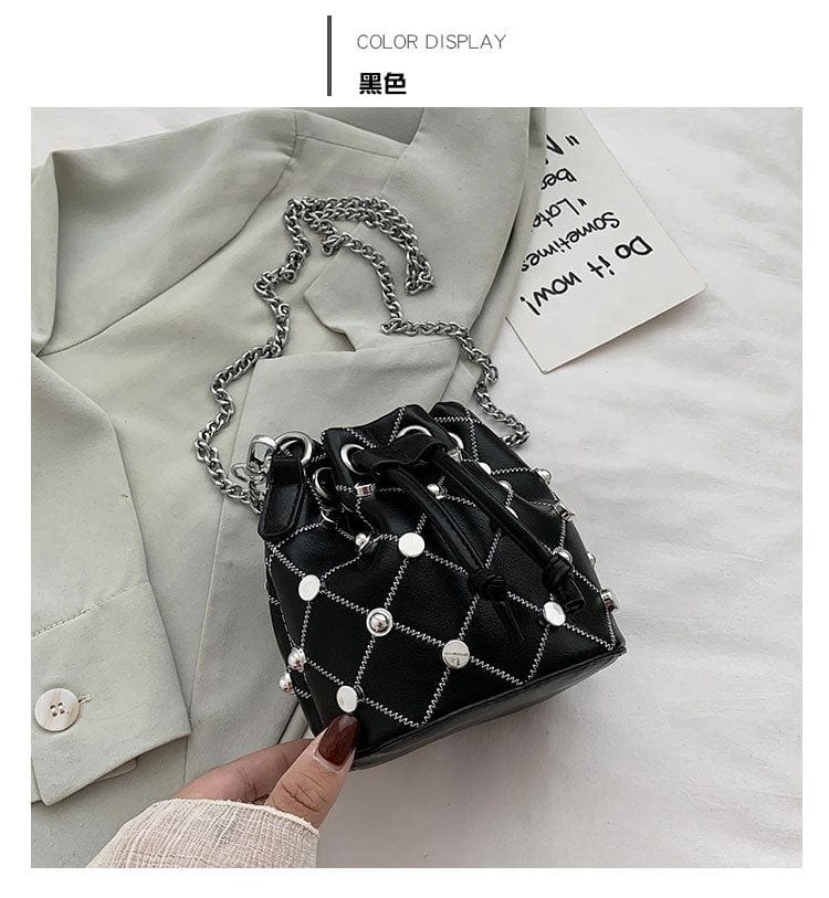 Mini Design Drawstring Bucket Patch Bags Women handbag for ladies PU Leather Embroidery Gold Chain small purse bag