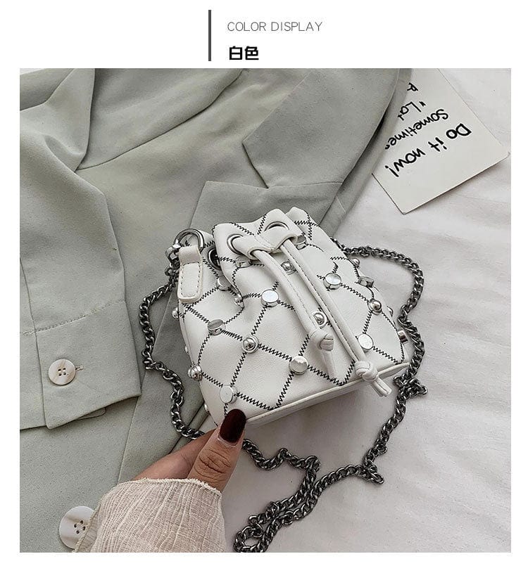 Mini Design Drawstring Bucket Patch Bags Women handbag for ladies PU Leather Embroidery Gold Chain small purse bag