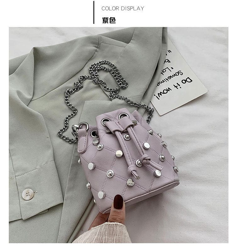 Mini Design Drawstring Bucket Patch Bags Women handbag for ladies PU Leather Embroidery Gold Chain small purse bag