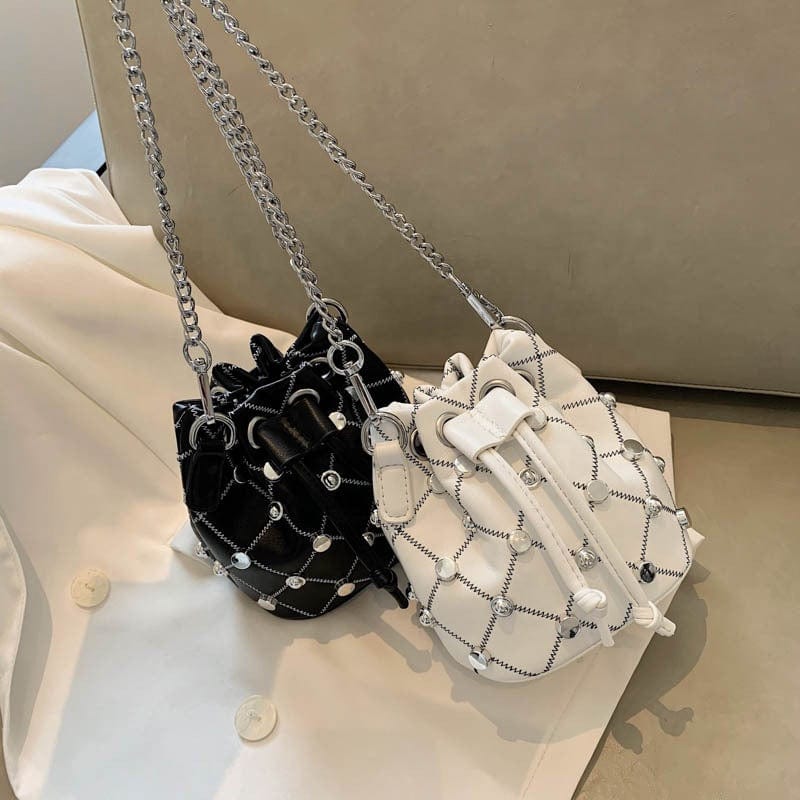 Mini Design Drawstring Bucket Patch Bags Women handbag for ladies PU Leather Embroidery Gold Chain small purse bag