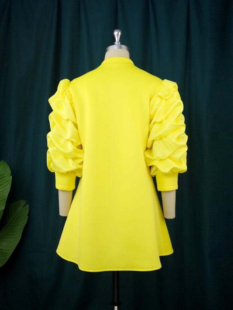 Mini Fall High Neck Puff Sleeve Zipper Retro Vintage Women Casual Dress