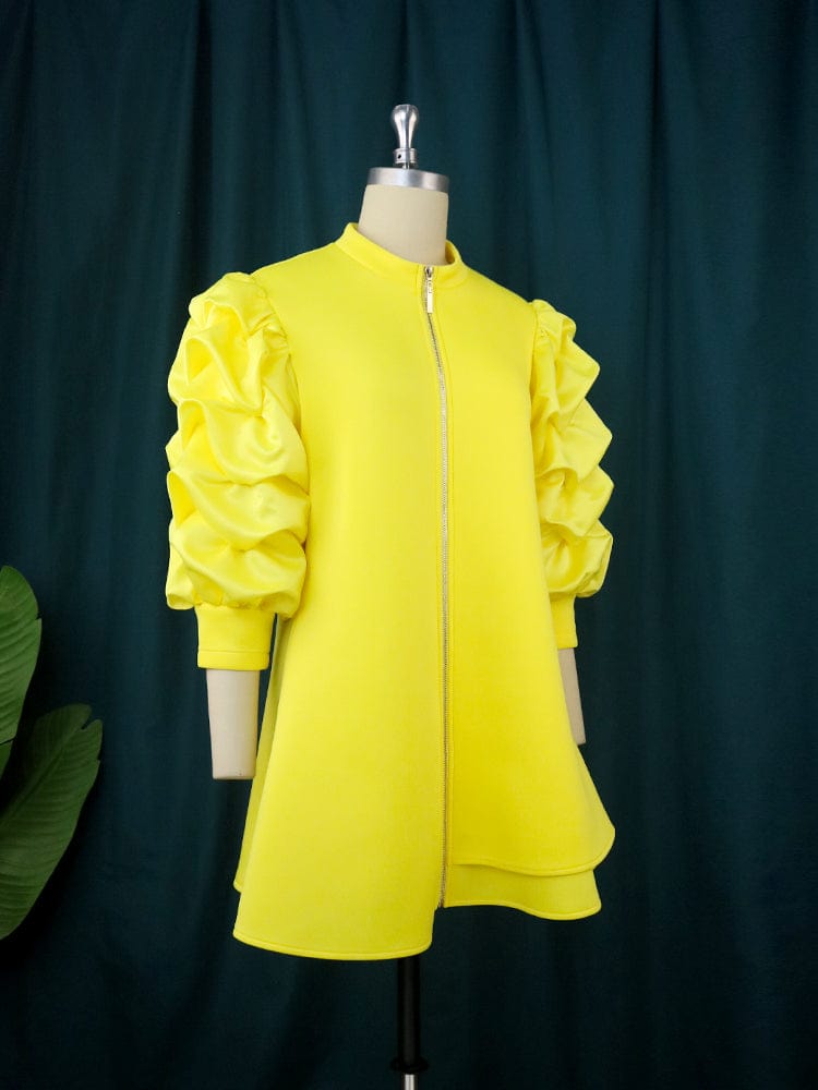Mini Fall High Neck Puff Sleeve Zipper Retro Vintage Women Casual Dress