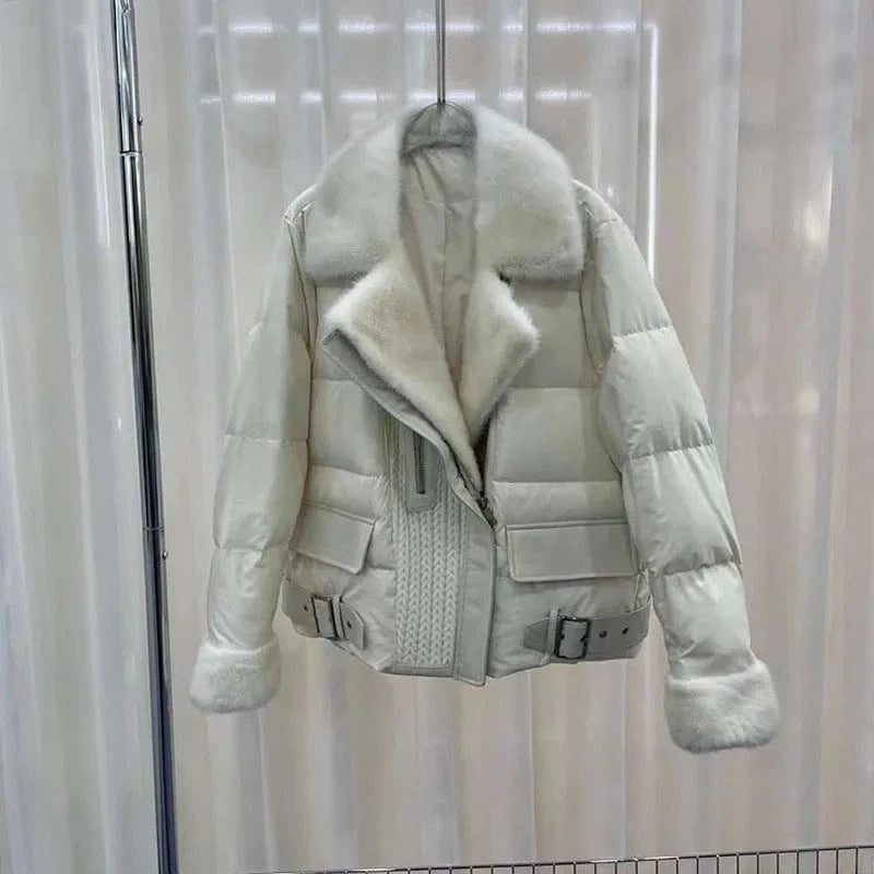 Mink Fur Collar Fur Coat Short Young Warm Coat White Goose Down Jacket Female Winter