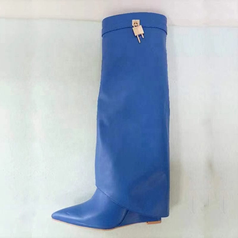 Mixed Color Stone Pattern Metallic Folds Knee High Boots Women Wedge Heels Side Zipper Shark Lock Leather Women Winter Boots