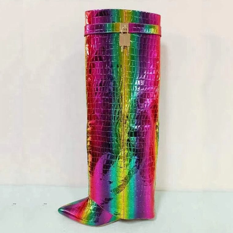 Mixed Color Stone Pattern Metallic Folds Knee High Boots Women Wedge Heels Side Zipper Shark Lock Leather Women Winter Boots