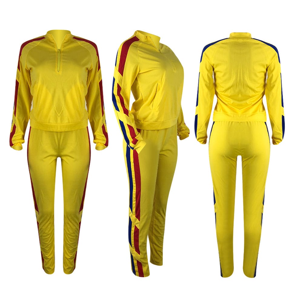 MNL1059 autumn winter new sports zipper long sleeved side striped trousers solid color jogging 2 piece set women sweatsuit set