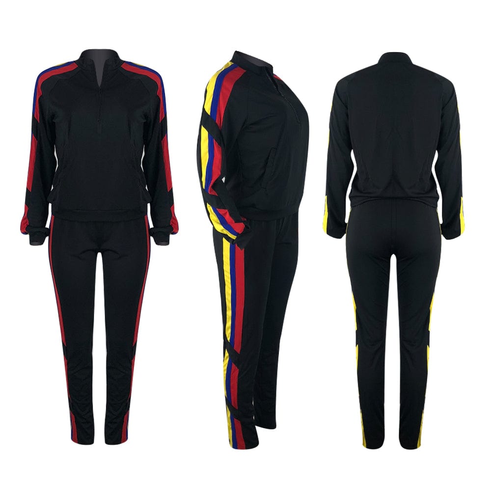 MNL1059 autumn winter new sports zipper long sleeved side striped trousers solid color jogging 2 piece set women sweatsuit set