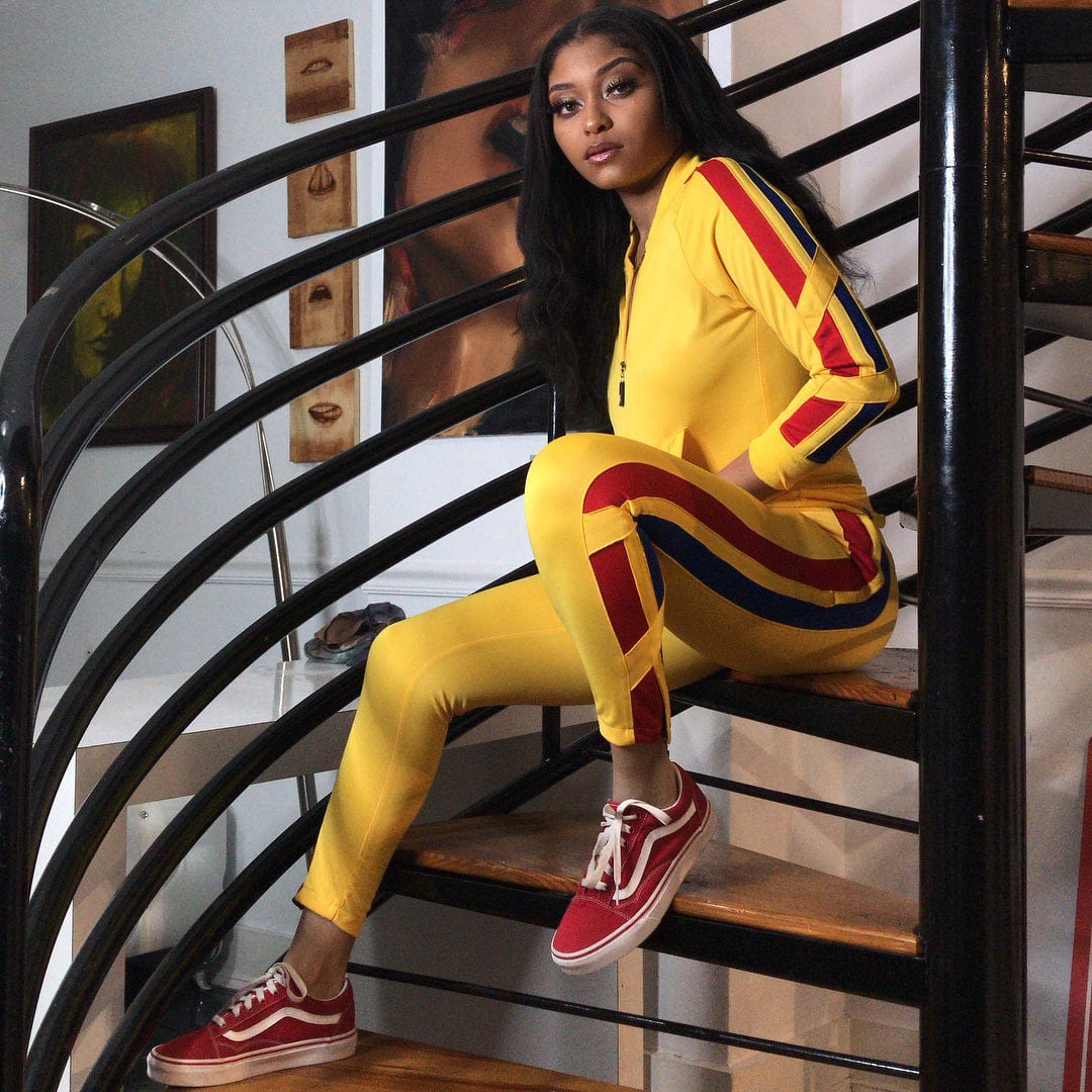 MNL1059 autumn winter new sports zipper long sleeved side striped trousers solid color jogging 2 piece set women sweatsuit set