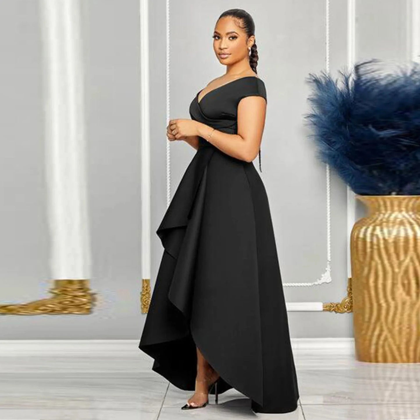 Modest asymmetrical hem maxi elegant dresses casual dresses with deep v neck