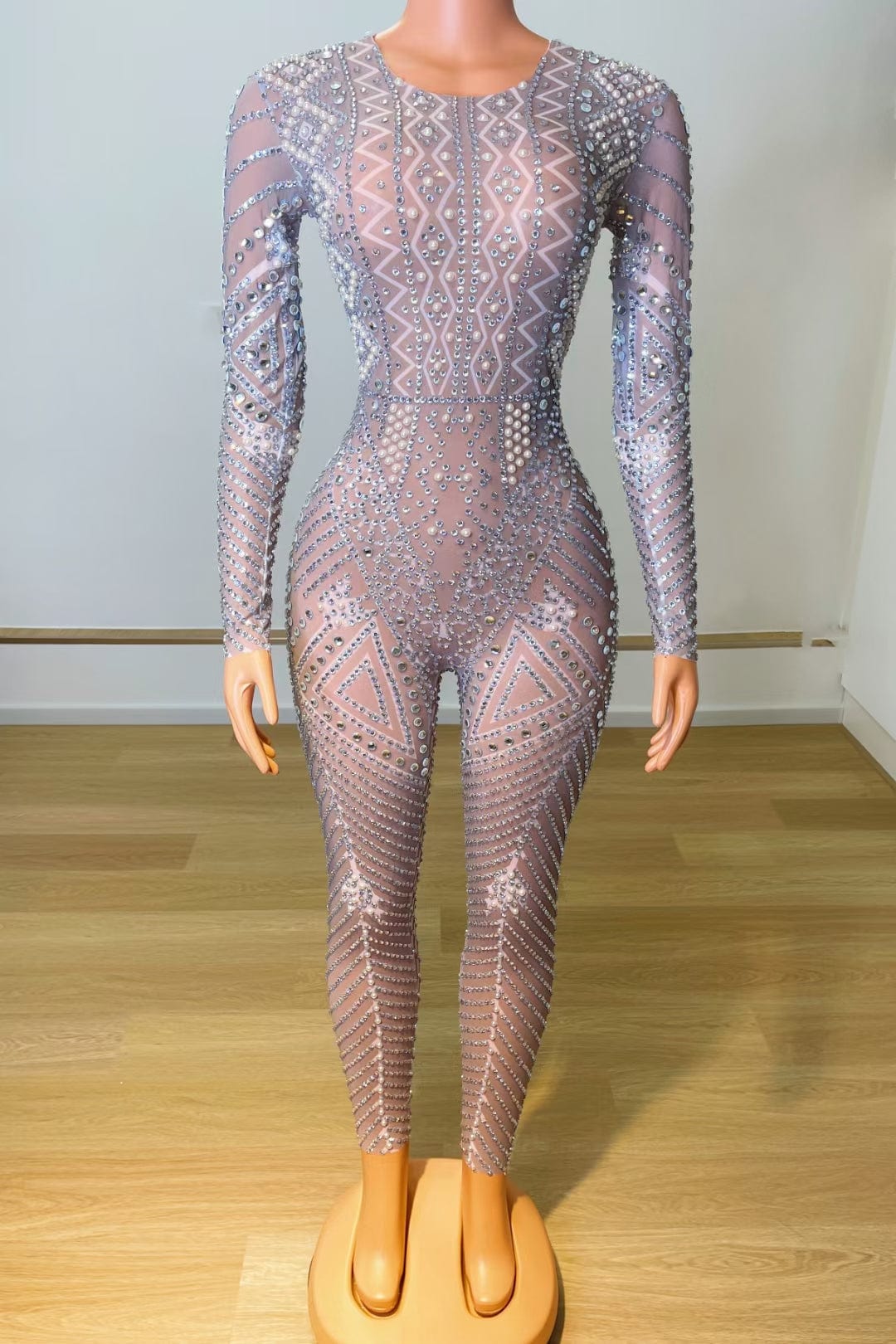 Monos Sequin Rhinestone Pearls Pole Dance Leotard Party Club Transparent Bodysuit Plus Size Women One Piece Bodycon Jumpsuits