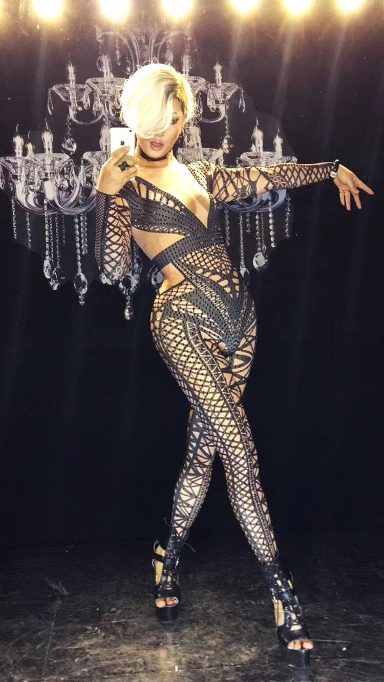 Monos Sexy Stripper Dance Leotard Stage Costume Print Rhinestones Spandex Bodysuit Women Club Party Bodycon One Piece Jumpsuit