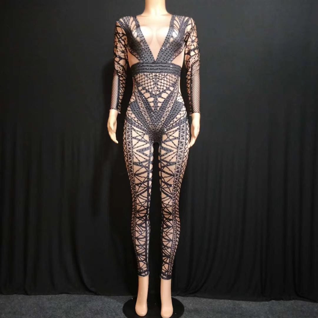 Monos Sexy Stripper Dance Leotard Stage Costume Print Rhinestones Spandex Bodysuit Women Club Party Bodycon One Piece Jumpsuit