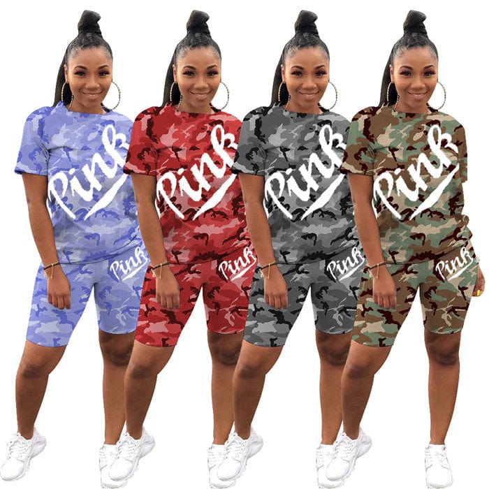 MTY6515 2022 new arrival ladies pink short set casual camouflage pants sets printed outfit suit 2 piece set women clothing