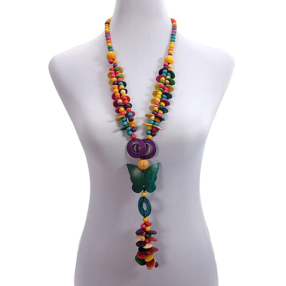 Multi OEM Wholesale Multi Color Coconut Shell Knit Handmade Ethnic Pendant Bohemian Wood Beaded Butterfly Necklace for Women Jewelry