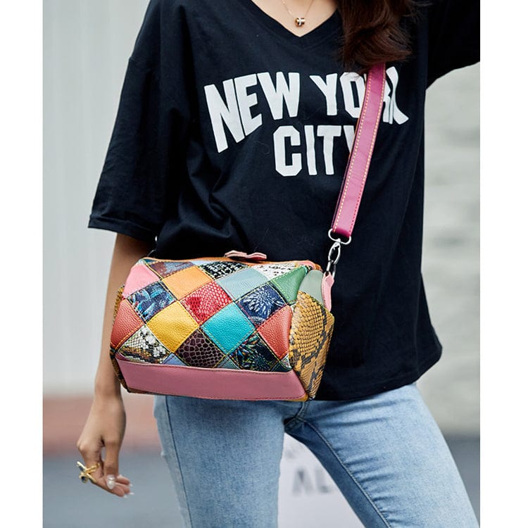 Multi Trendy genuine leather contrast color messenger boston bag women retro shoulder pillow bag new ladies handbags
