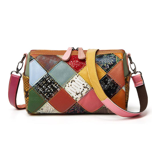 Multi Trendy genuine leather contrast color messenger boston bag women retro shoulder pillow bag new ladies handbags