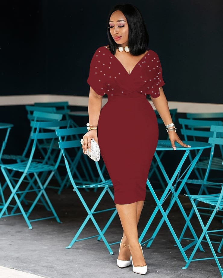MYP-8825 New Solid Color Tube Top V-Neck Half-Sleeve Back Zipper Bubble Bead Fashion Dress