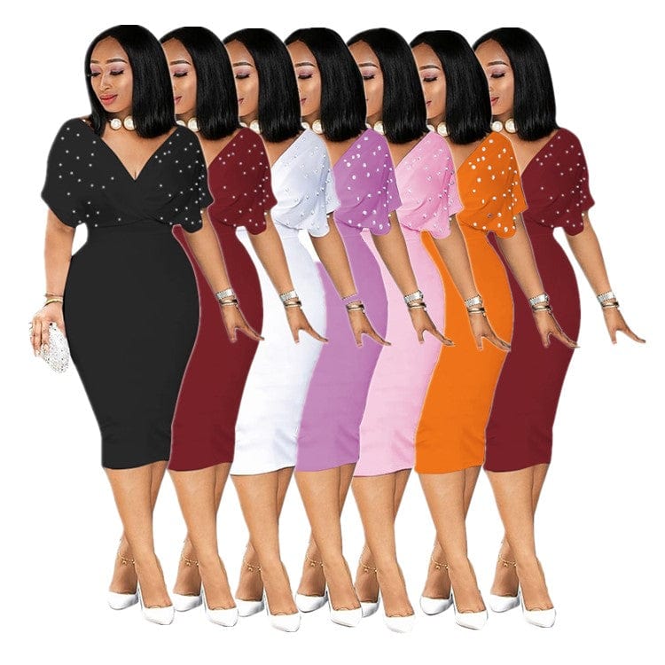 MYP-8825 New Solid Color Tube Top V-Neck Half-Sleeve Back Zipper Bubble Bead Fashion Dress