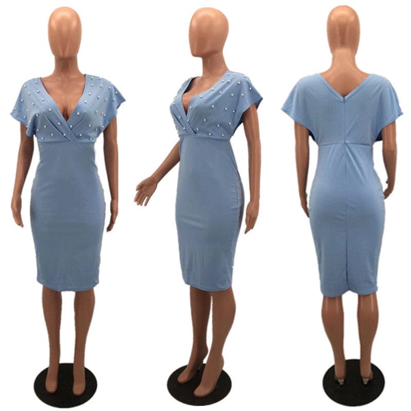 MYP8825 elegant pearl new solid color tube top V neck half sleeve back zipper bubble bead fashion dress