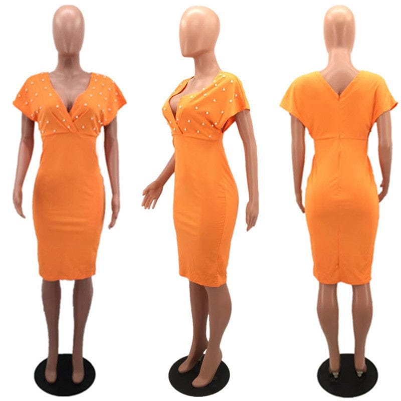MYP8825 elegant pearl new solid color tube top V neck half sleeve back zipper bubble bead fashion dress