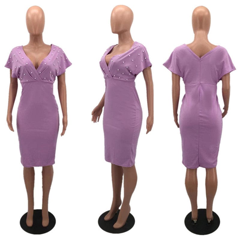 MYP8825 elegant pearl new solid color tube top V neck half sleeve back zipper bubble bead fashion dress