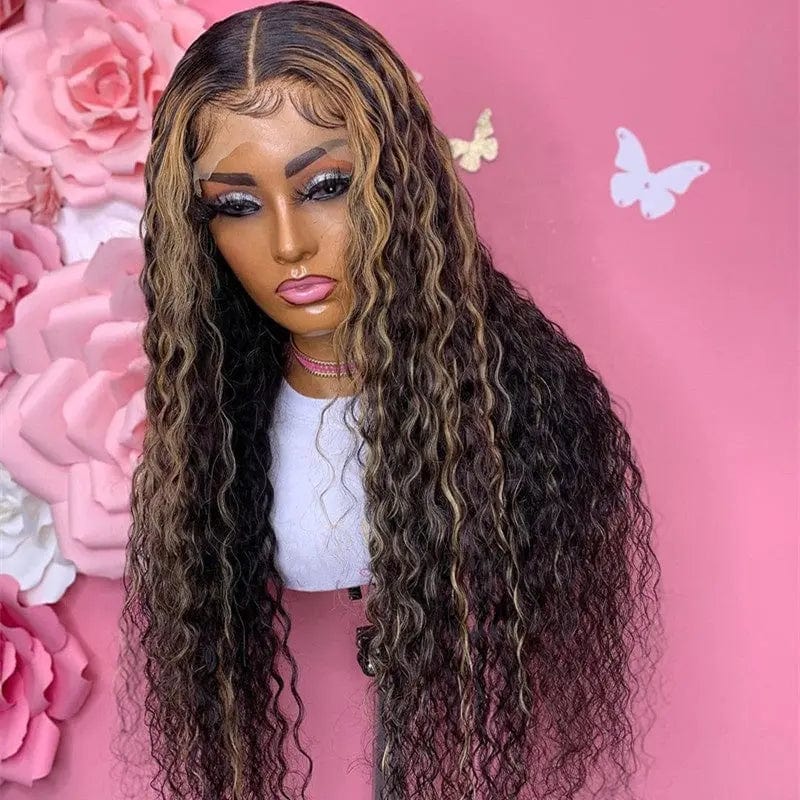 Natural Black Brown Ombre Color Deep Curly Wig Pre Plucked With Baby Hair Brazilian Human Hair Lace Front Wigs