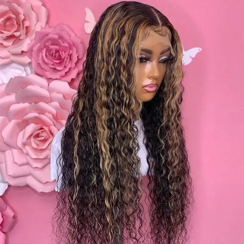 Natural Black Brown Ombre Color Deep Curly Wig Pre Plucked With Baby Hair Brazilian Human Hair Lace Front Wigs