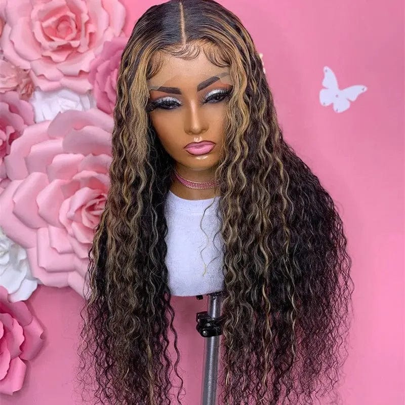 Natural Black Brown Ombre Color Deep Curly Wig Pre Plucked With Baby Hair Brazilian Human Hair Lace Front Wigs