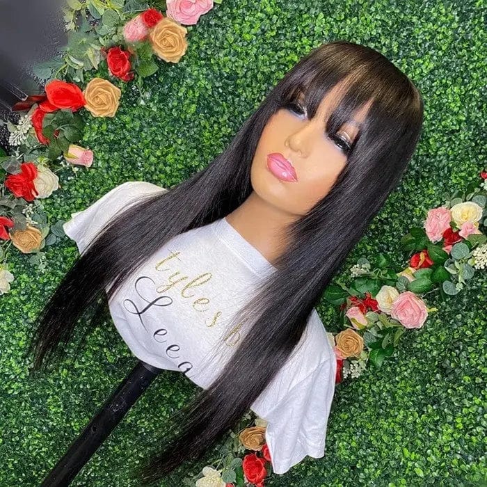 Natural Black Color Straight Human Hair Wig Cuticle Aligned Pre Plucked With Bangs Vietnam Lace Front Wigs