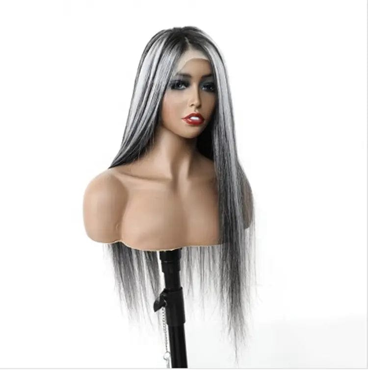 Natural Black White Highlight Color Straight Human Hair Wig Pre Plucked Cuticle Aligned Lace Front Wigs